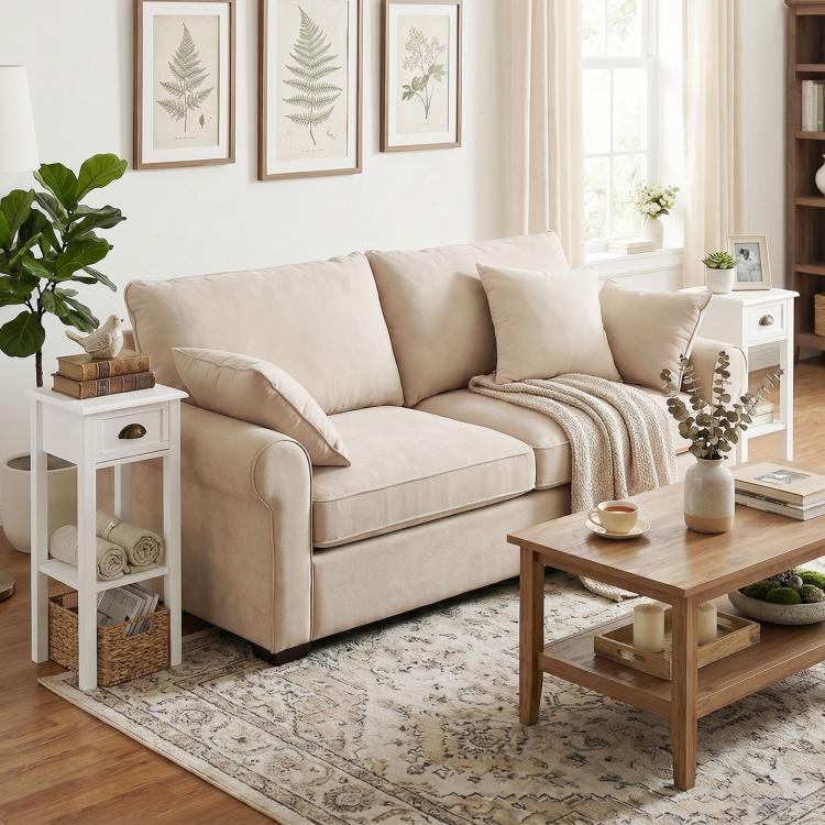 White 2-tier side table with drawer and open shelf beside a beige sofa.