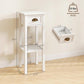 White 2-tier side table with drawer and open shelf, front view with size indicators.