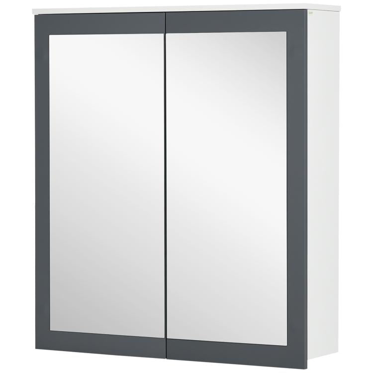 Wall-mounted medicine cabinet with two mirrored doors and white outer frame