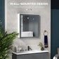 Wall-mounted mirror medicine cabinet with gray frame and recessed double-door mirrors
