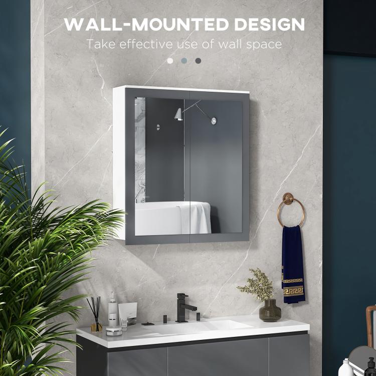 Wall-mounted mirror medicine cabinet with gray frame and recessed double-door mirrors