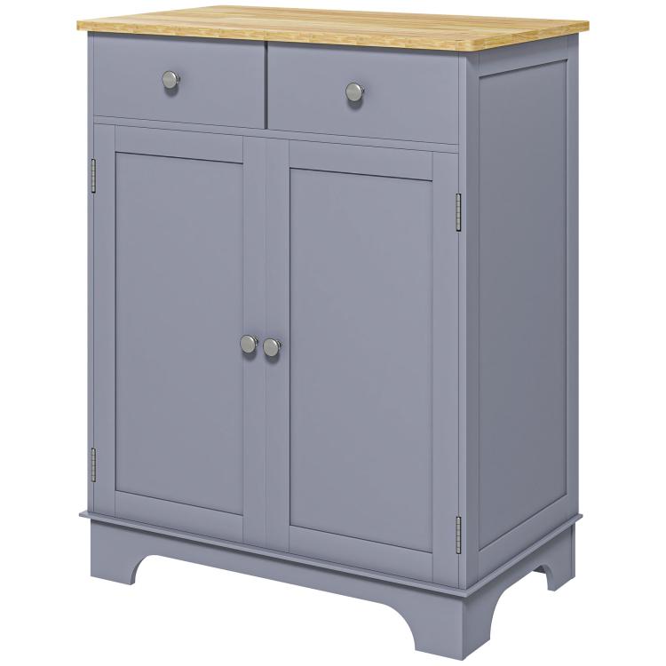 Gray sideboard cabinet with solid wood top, two drawers, and two cabinet doors.