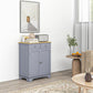 Gray floor sideboard with wood top, two drawers, and cabinet doors with silver knobs.