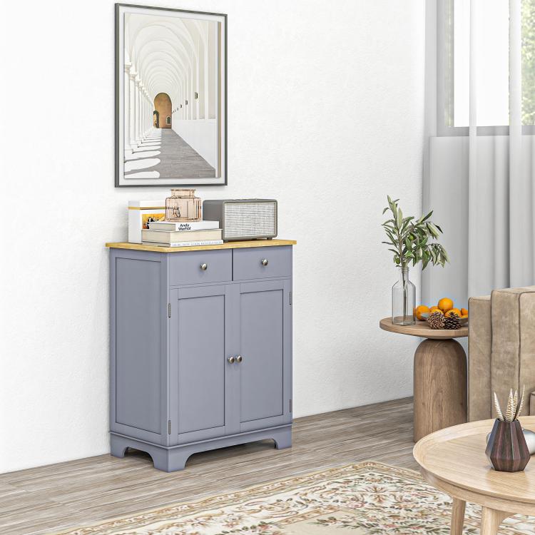 Gray floor sideboard with wood top, two drawers, and cabinet doors with silver knobs.