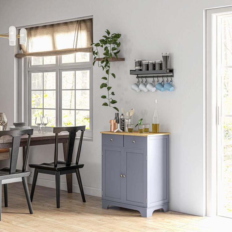 Gray storage cabinet with wood top, two-door cabinet base, and two upper drawers.