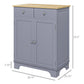 Gray kitchen sideboard cabinet with wood top, double doors, and two drawers; size view.