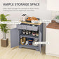 Gray storage cabinet with wood top, open shelves, slide-out drawers, and double doors.
