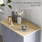 Gray cabinet with light wood countertop and two drawers; shown with tableware on top.