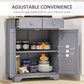 Gray cabinet with wood top showing adjustable open shelf, slide-out drawers, and doors.