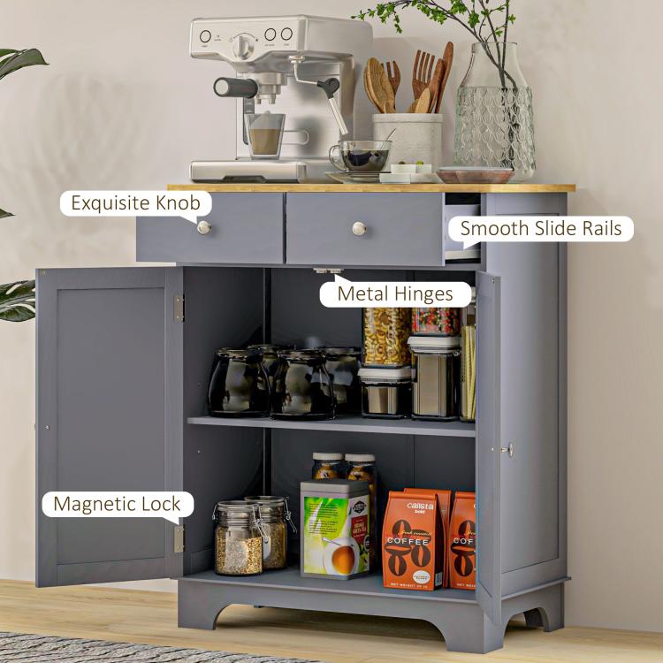 Gray cabinet interior view with drawers and door compartments for kitchen storage.