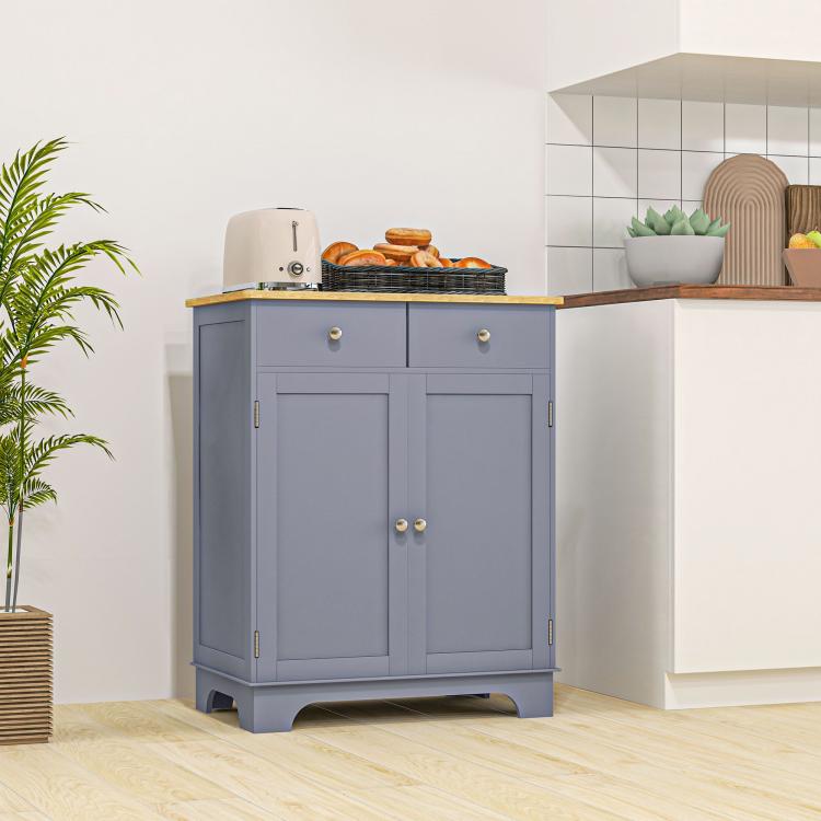 Gray floor storage cabinet with wood top, two drawers, and double-door cabinet storage.