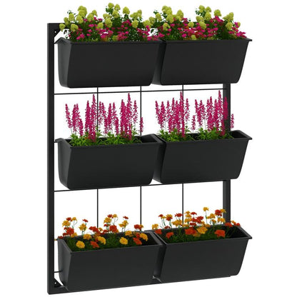Black 3-tier wall planter with six rectangular pots, self-draining