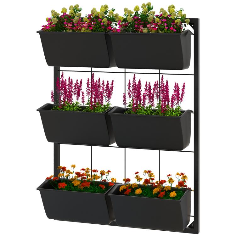 Black 3-tier wall-mounted planter with six rectangular pots, filled with flowers