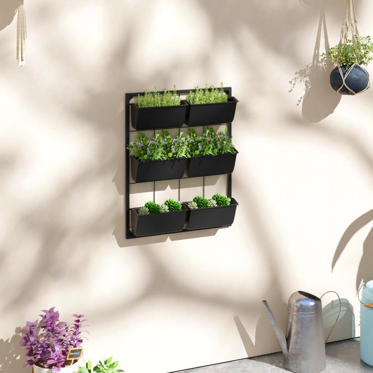 Black 3-tier wall planter with six rectangular pots for herbs and flowers