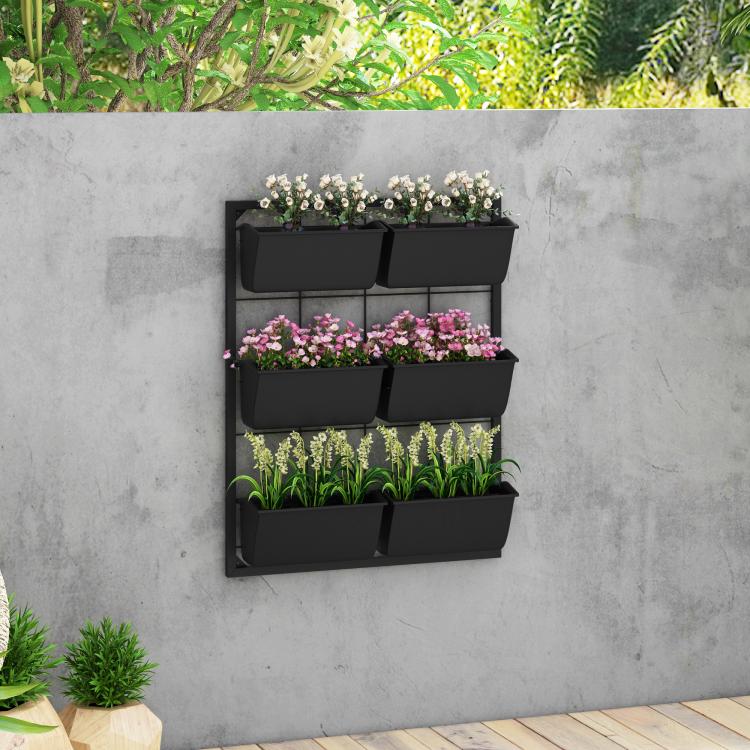 Black 3-tier wall planter with six rectangular pots for a flower wall display