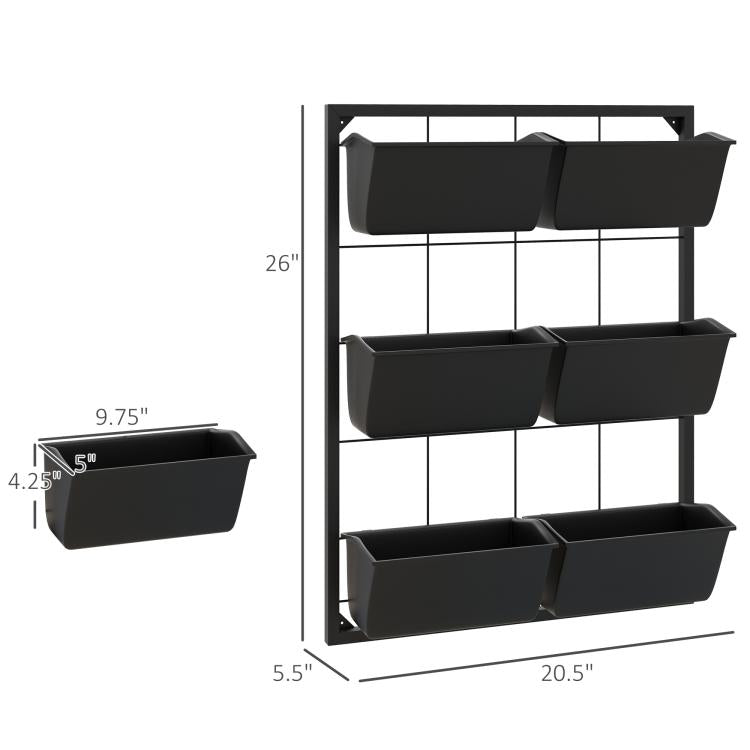 Black 3-tier wall planter with six pots, front view with size proportions