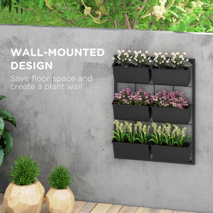 Black 3-tier wall planter with six rectangular pots for indoor or outdoor use