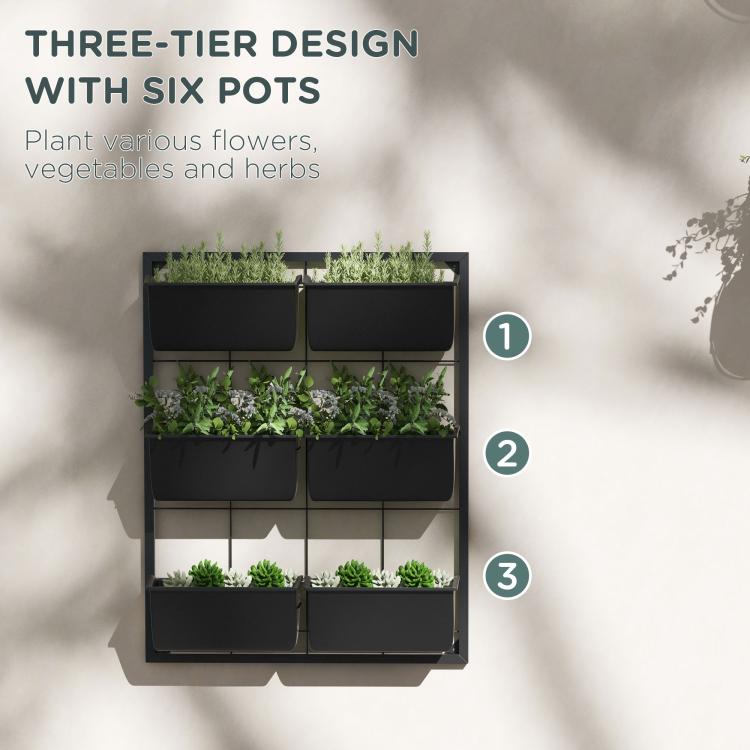 Black 3-tier wall planter with six rectangular pots, three-tier layout