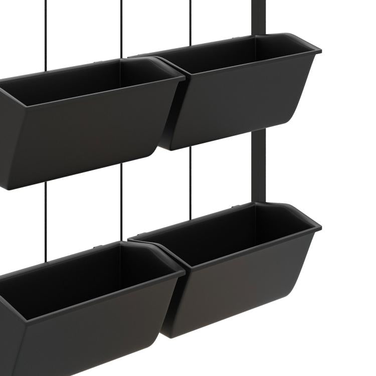 Black rectangular pots attached to a 3-tier wall planter frame