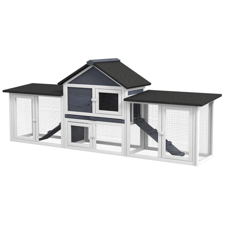 XL two-level rabbit hutch with dark gray roof panels, side runs, and wire-mesh doors