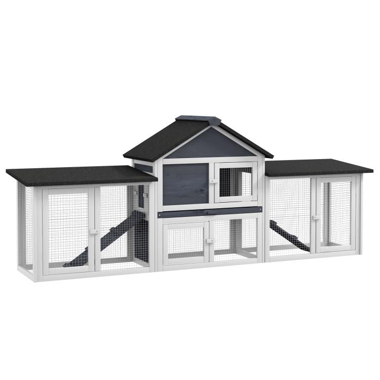 Two-level wooden rabbit hutch with mesh side runs and ramp, dark gray