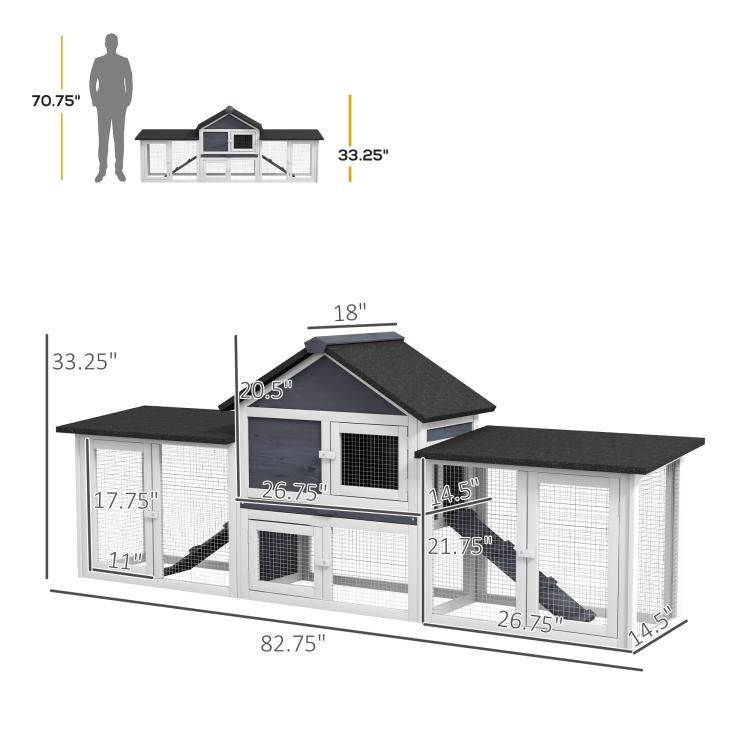 Rabbit hutch size diagram showing two-level dark gray roof and side run layout