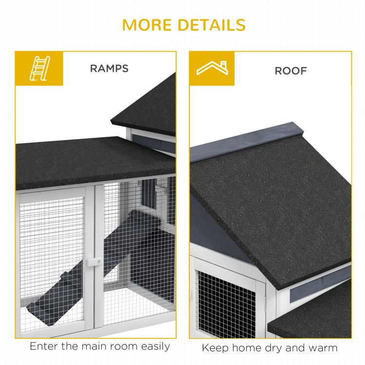Rabbit hutch details: dark gray ramp sections and textured roof panel over wire front