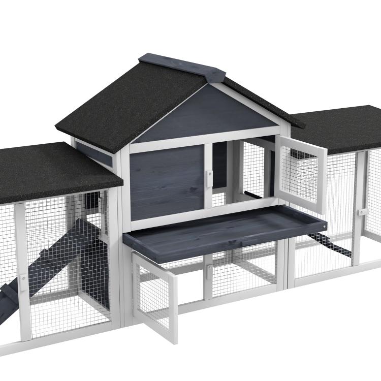 Open view of two-story rabbit hutch with dark gray ramps, wire sides, and run enclosure