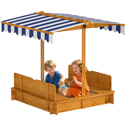 Wooden kids sandbox with striped canopy cover and open front bench seats