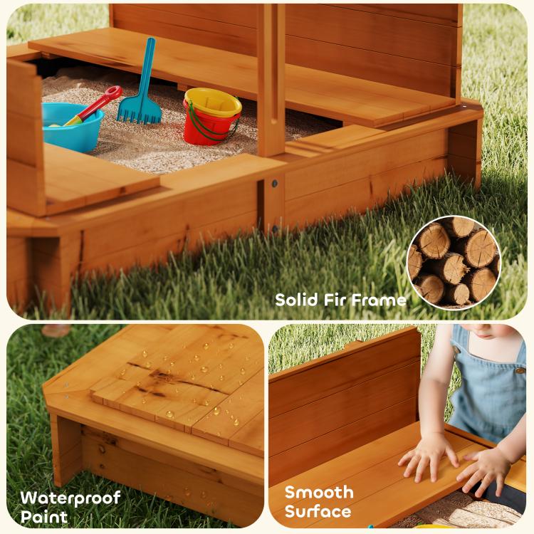 Brown wooden kids sandbox with foldable bench seats and smooth waterproof finish detail