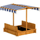 Brown wooden kids sandbox with striped canopy cover and foldable bench seats