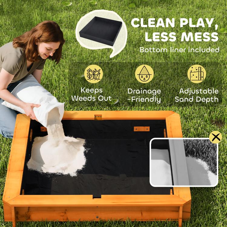 Wooden kids sandbox with bottom liner for cleaner play and less mess