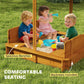 Wooden kids sandbox with spacious bench seating and children playing inside