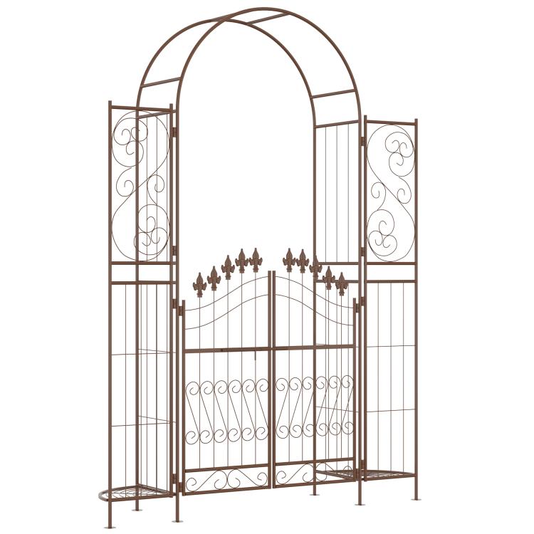 Brown metal garden arch arbor with double gate and decorative scrollwork panels