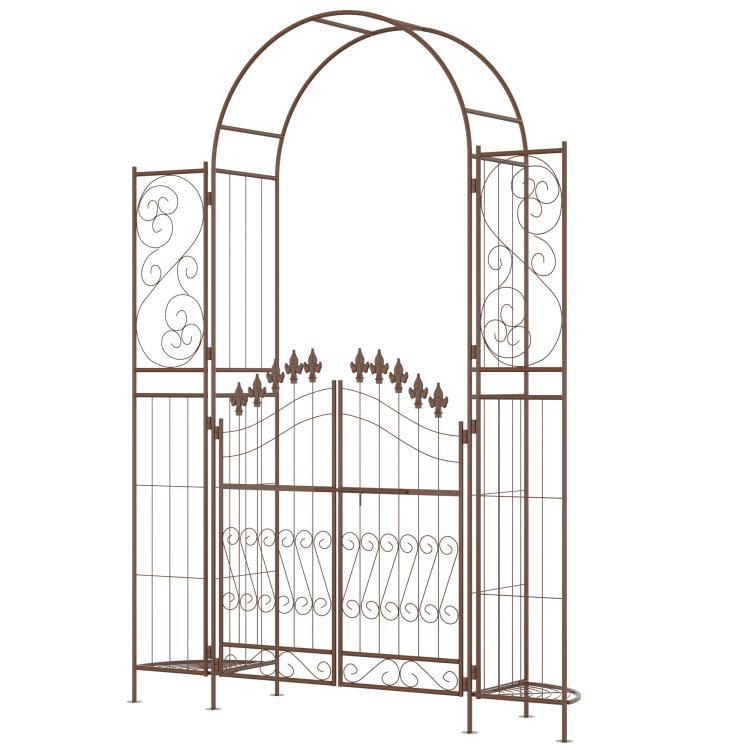 Brown metal garden arch arbor with double gate, curled scroll side panels, and finials