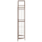 Brown metal garden arbor with vertical trellis bars and bottom shelf planter