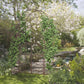 Brown metal garden arch arbor gate set among green shrubs and flowers in a yard