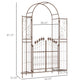 Brown metal garden arch arbor gate with dimensions marked on the frame
