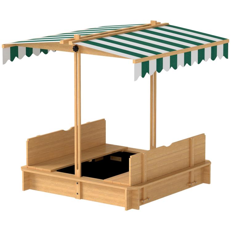 Wooden kids sandbox with striped canopy and foldable bench seats, side view