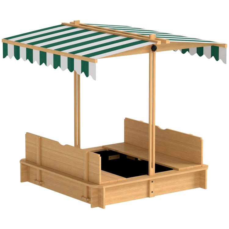 Wooden kids sandbox with foldable bench seats and striped canopy cover
