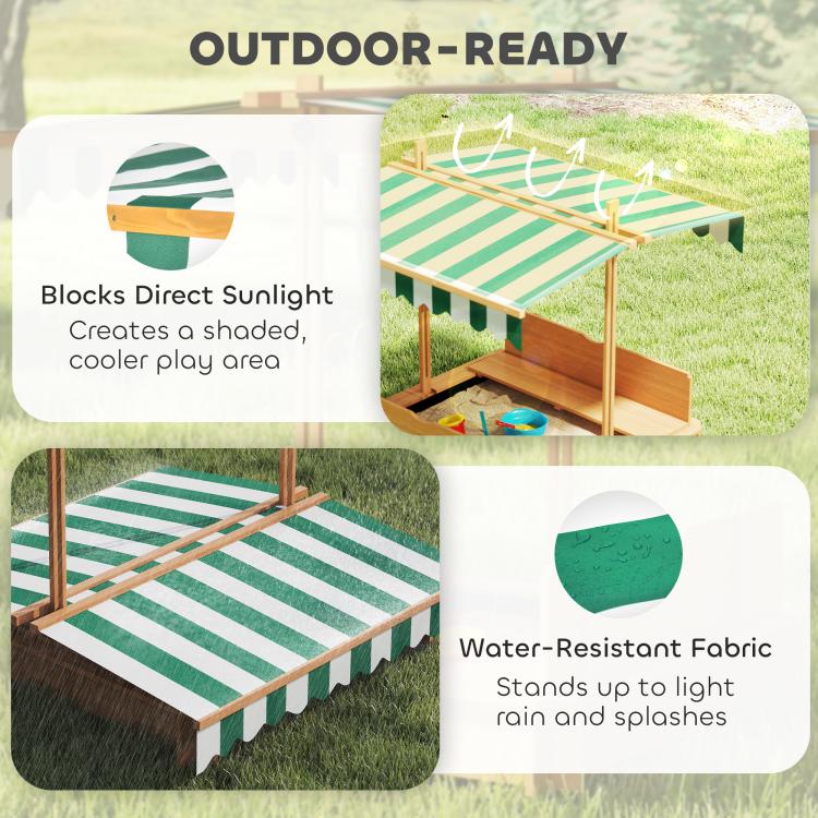 Kids wooden sandbox with striped canopy on grass, shaded play area