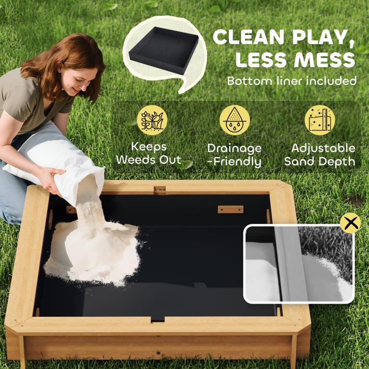 Wooden kids sandbox with included bottom liner for cleaner, less-mess play