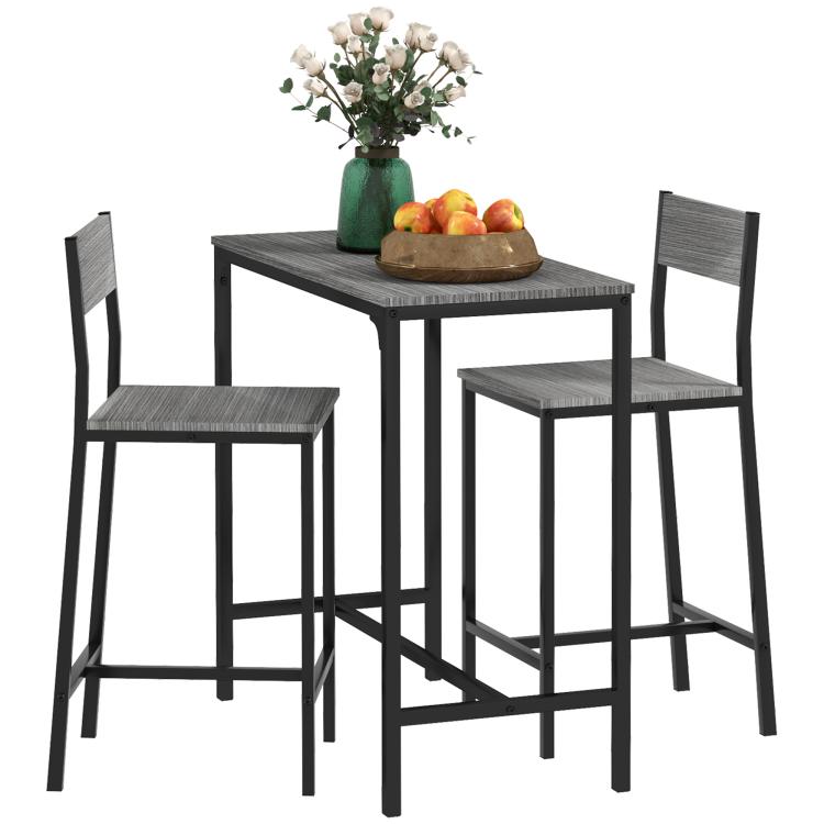 Gray bar height table with two matching bar stools, square top and slat backs.