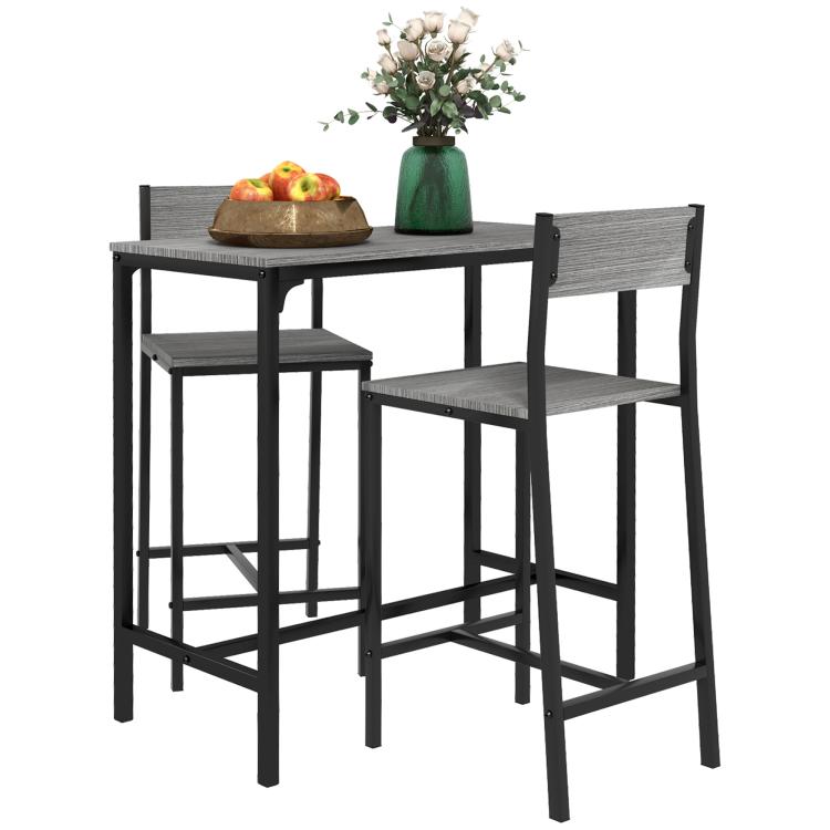 Gray bar height dining set for two: square table and two stools with slatted seats.