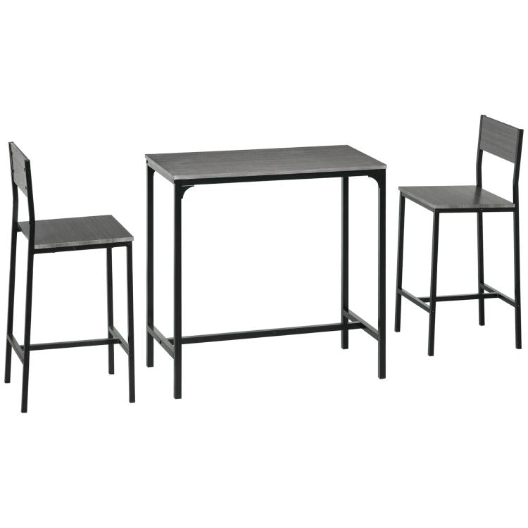 Industrial bar table and two gray bar stools with square frames and footrests