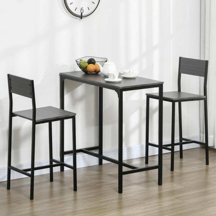 Gray bar table and two bar stools with square legs and slatted seat backs.