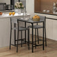 Gray counter-height bar table with two bar stools, slatted backs and square frames.