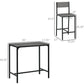 Gray bar table and two bar stools with labeled measurements on a white diagram.