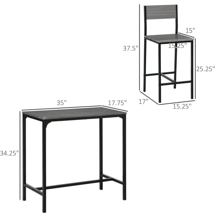 Gray bar table and two bar stools with labeled measurements on a white diagram.