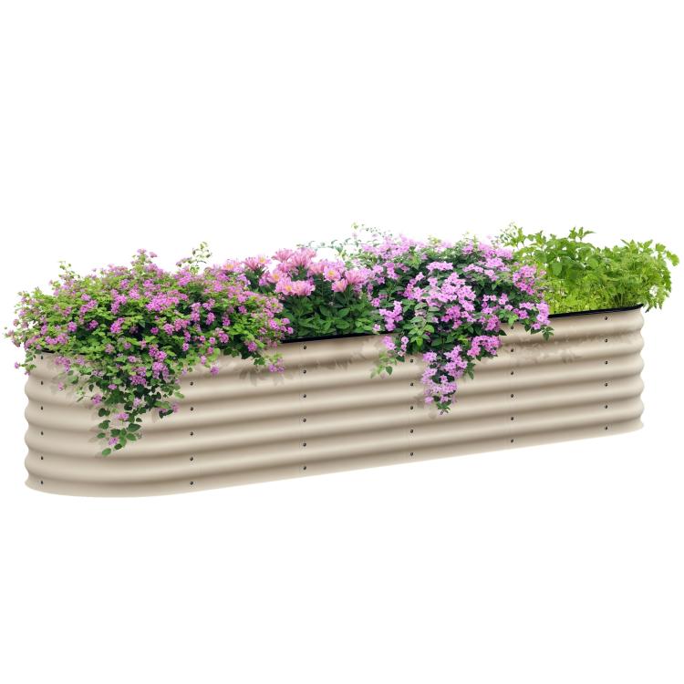 Cream galvanized raised garden bed planter with ridged sides and safety edging, filled with flowers